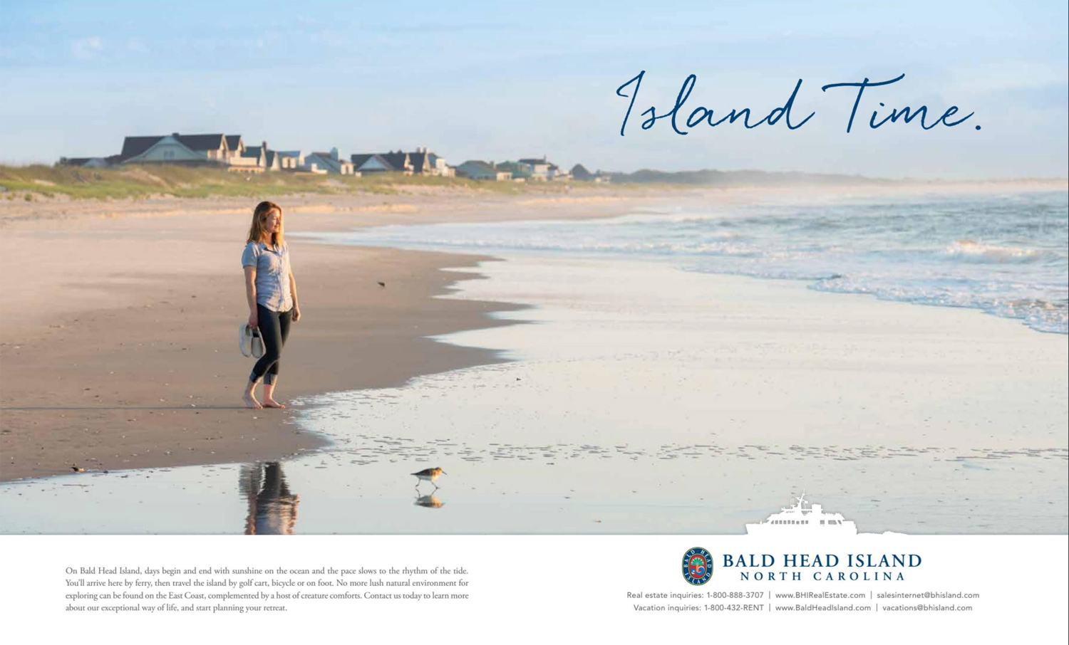 A tear sheet for Bald Head Island by C2 Photography featuring a barefoot woman standing on the shore looking out at the ocean. She holds her sneakers in one hand.