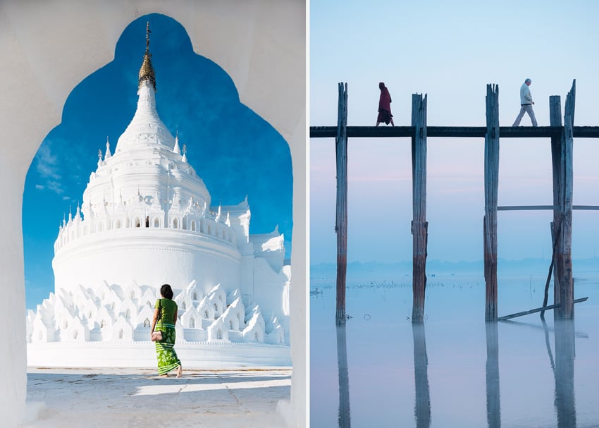 A diptych of photographs by Ben Pipe  from his trip to Myanmar. On the left is a photo of a Burmese woman in a chartreuse green traditional Burmese outfit with a crossbody leather purse on her shoulder. She stands in front of an ornate all white temple. On the right is a photo of two individuals mid stride walking away from each other on a wooden pier over a body of water. The dusk sky is a serene mix of pink and blue.