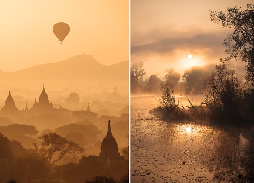 A diptych of landscape photos by Ben Pipe from Myanmar. Both photos have a dusty orange hue due to the light. The photo on the left features a scene with silhouettes of the tops of several traditional Burmese buildings. A hot air balloon is in the sky overhead. On the right is a misty shot of a pond.