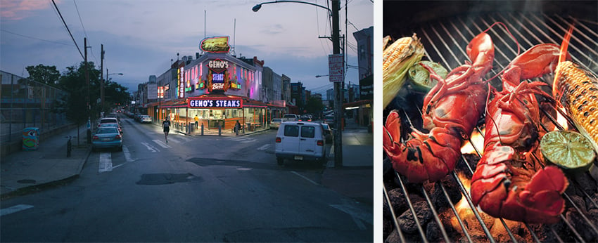 Famous Geno's Steaks restaurant on the street of Philadelphia photographed by Colin M. Lenton, and two lobsters on a grill next to some corn and limes photographed by Carl Tremblay.