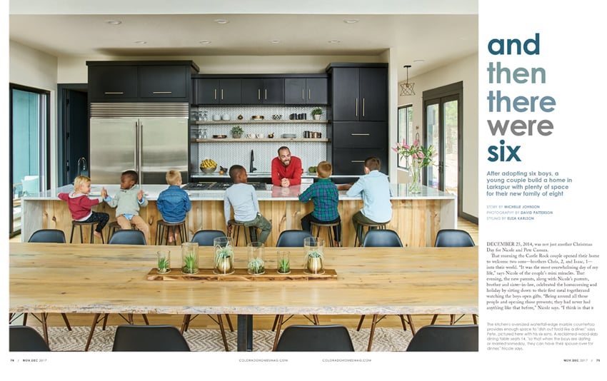 Tearsheet of Colorado kitchen with six children and dad shot by photographer David Patterson.