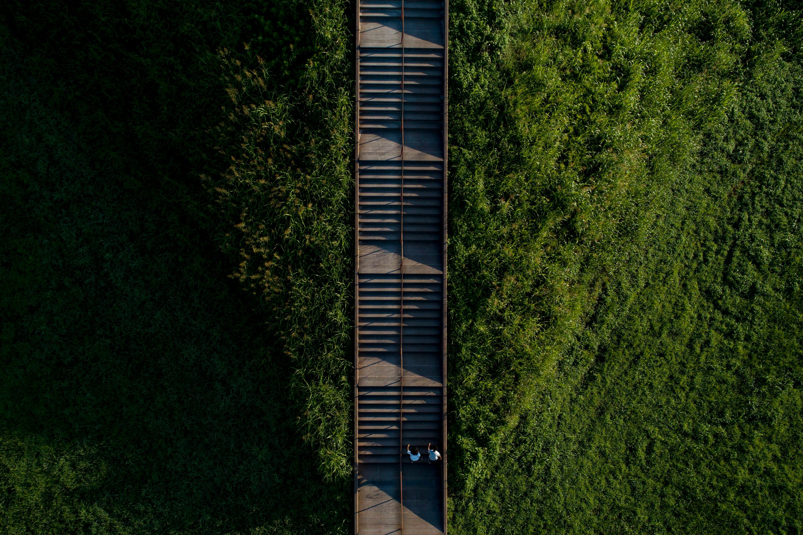 In this drone shot, Daniel Acker centers the sets of stairs leading to the top of Cahokia Mounds