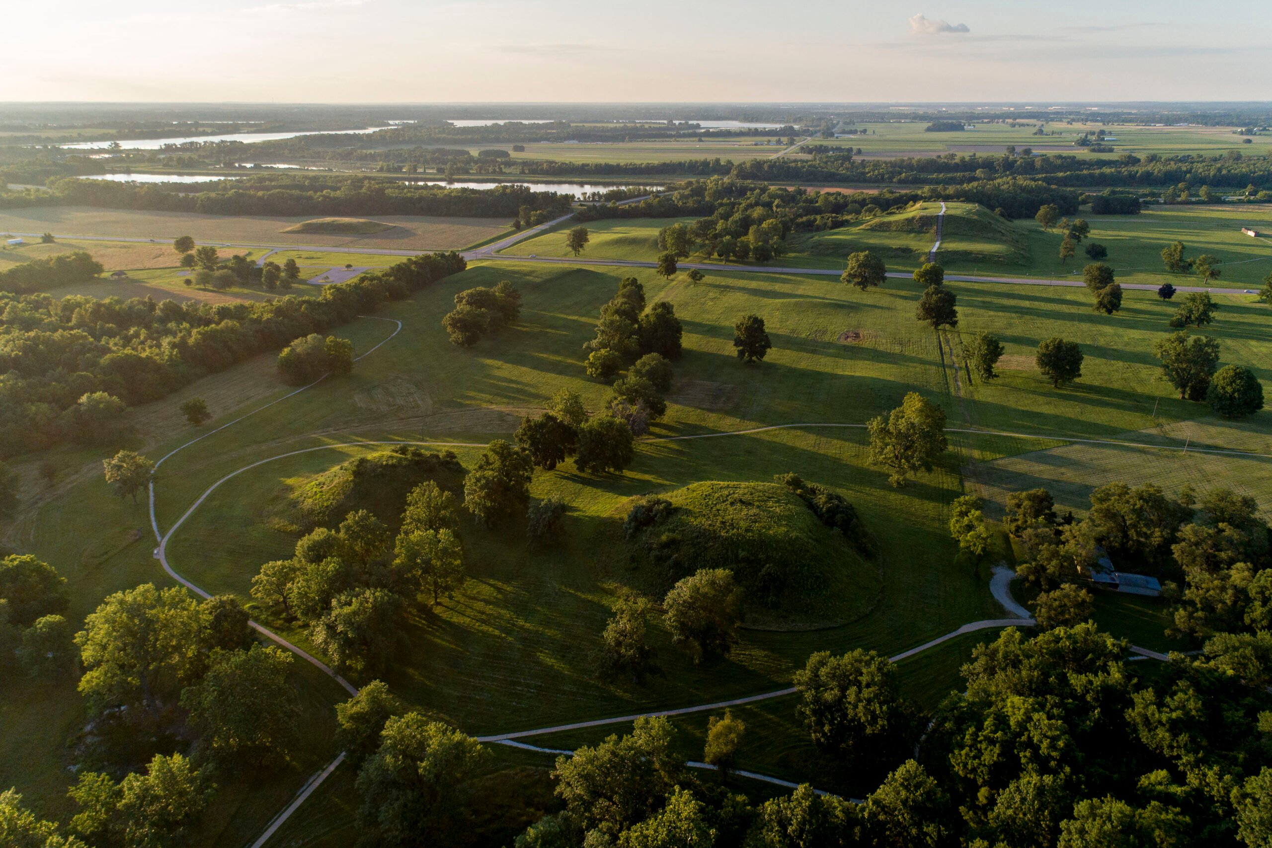 Daniel Acker's drone gets high enough to show all the land and trees surrounding the Cahokia mounds