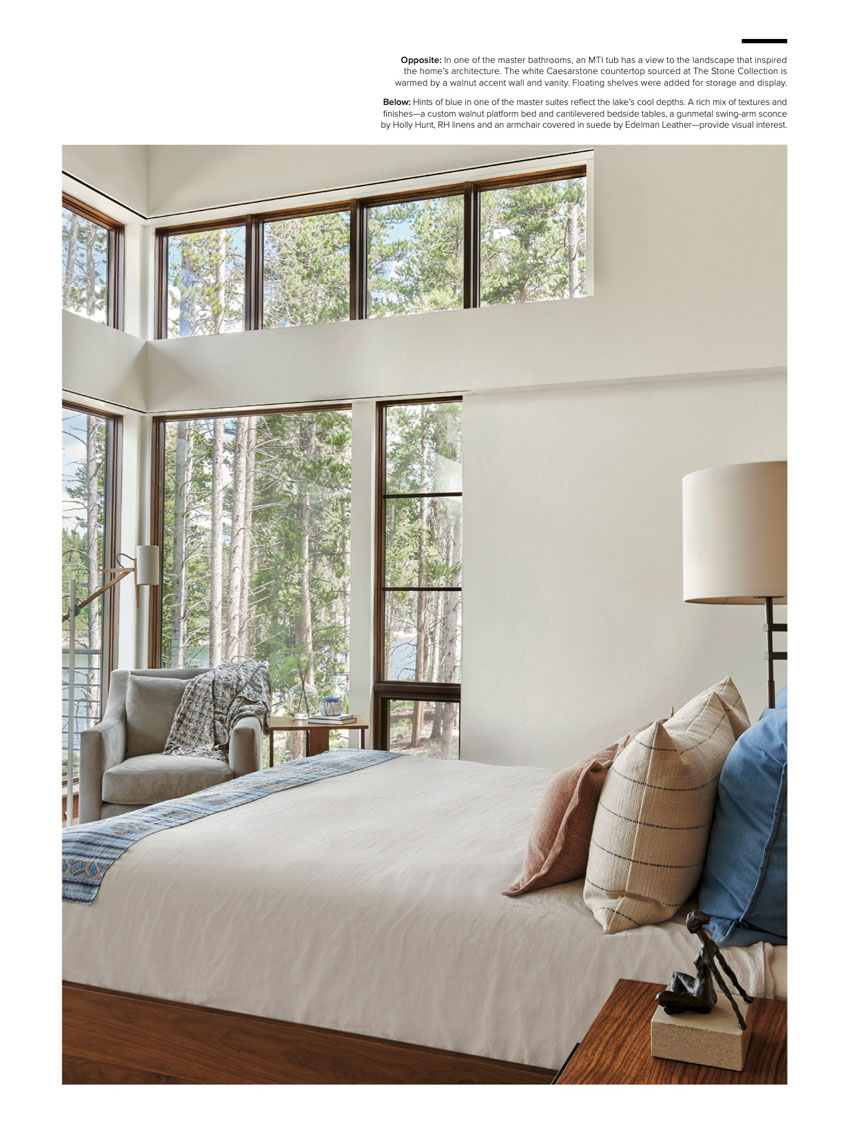 Light-filled bedroom photo from David Patterson in Luxe Magazine shows floor to ceiling windows