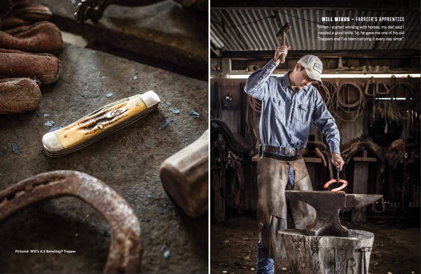 Pocket knife next to Farrier's apprentice smithing a horseshoe by Jody Horton