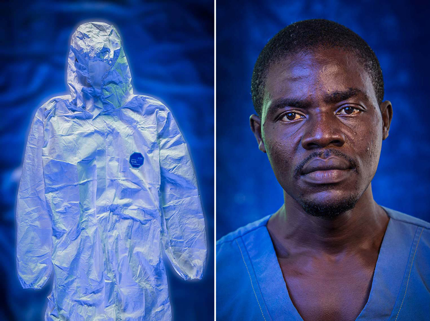 A photo of a suit designed for interfacing with Ebola-infected individuals and a portrait of a man. Photo by Christopher Beauchamp.