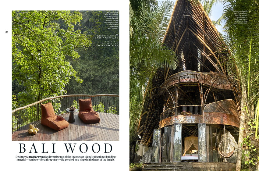 Martin Westlake's photos of a bamboo home in Bali Indonesia are featured in this double tear in Elle Decor 