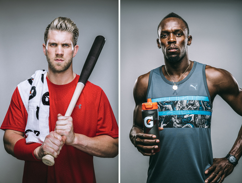 A diptych of portraits by G L Askew II for Gatorade. On the left is baseball player Bryce Harper with a gatorade branded towel over his right shoulder holding a baseball bat, and on the right is sprinter Usain Bolt holding a Gatorade water bottle in his right hand with his left hand on his hip. 