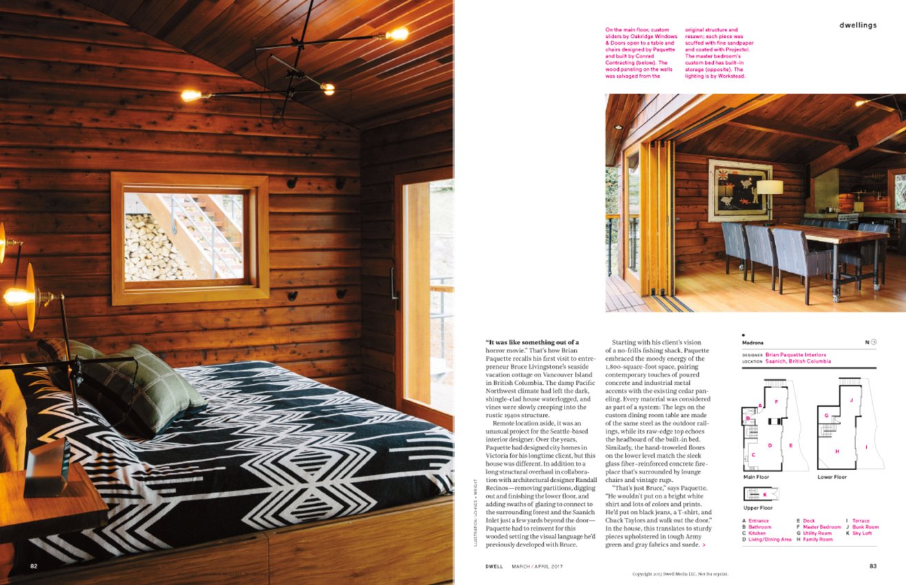 A tear sheet from Dwell Magazine that offers an intimate look inside a wooden house. Photos by Grant Harder.