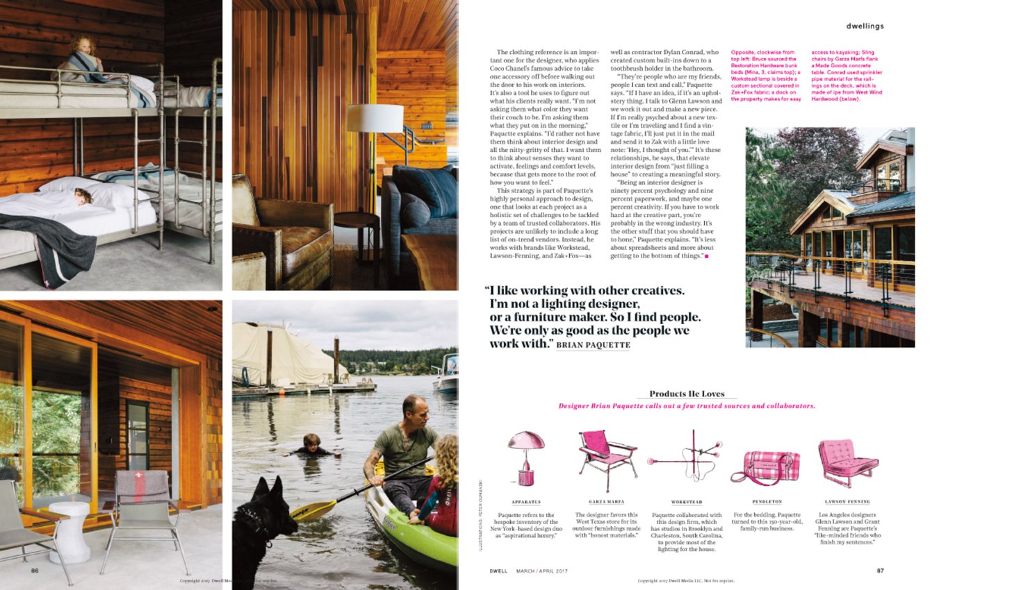 A tear sheet from Dwell Magazine that offers an intimate look inside a wooden house. Photos by Grant Harder.