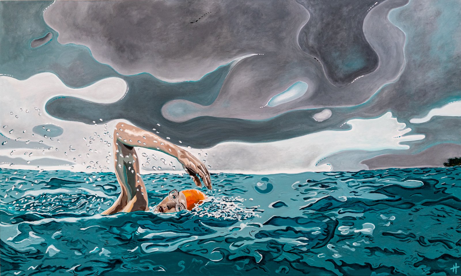 Heather Perry's underwater painting of the swimmer in a storm.