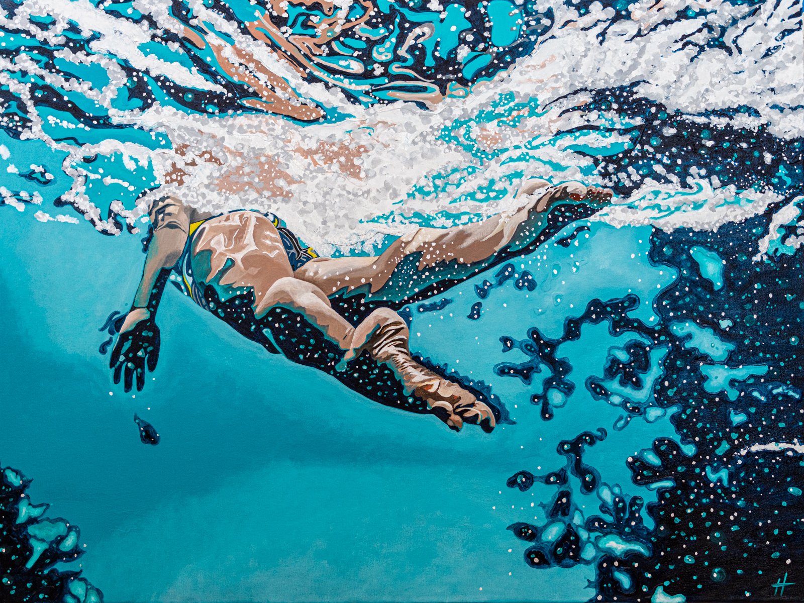 Heather Perry's painting of a swimmer underwater from behind and below looking up at the sun bouncing off the water and bubbles