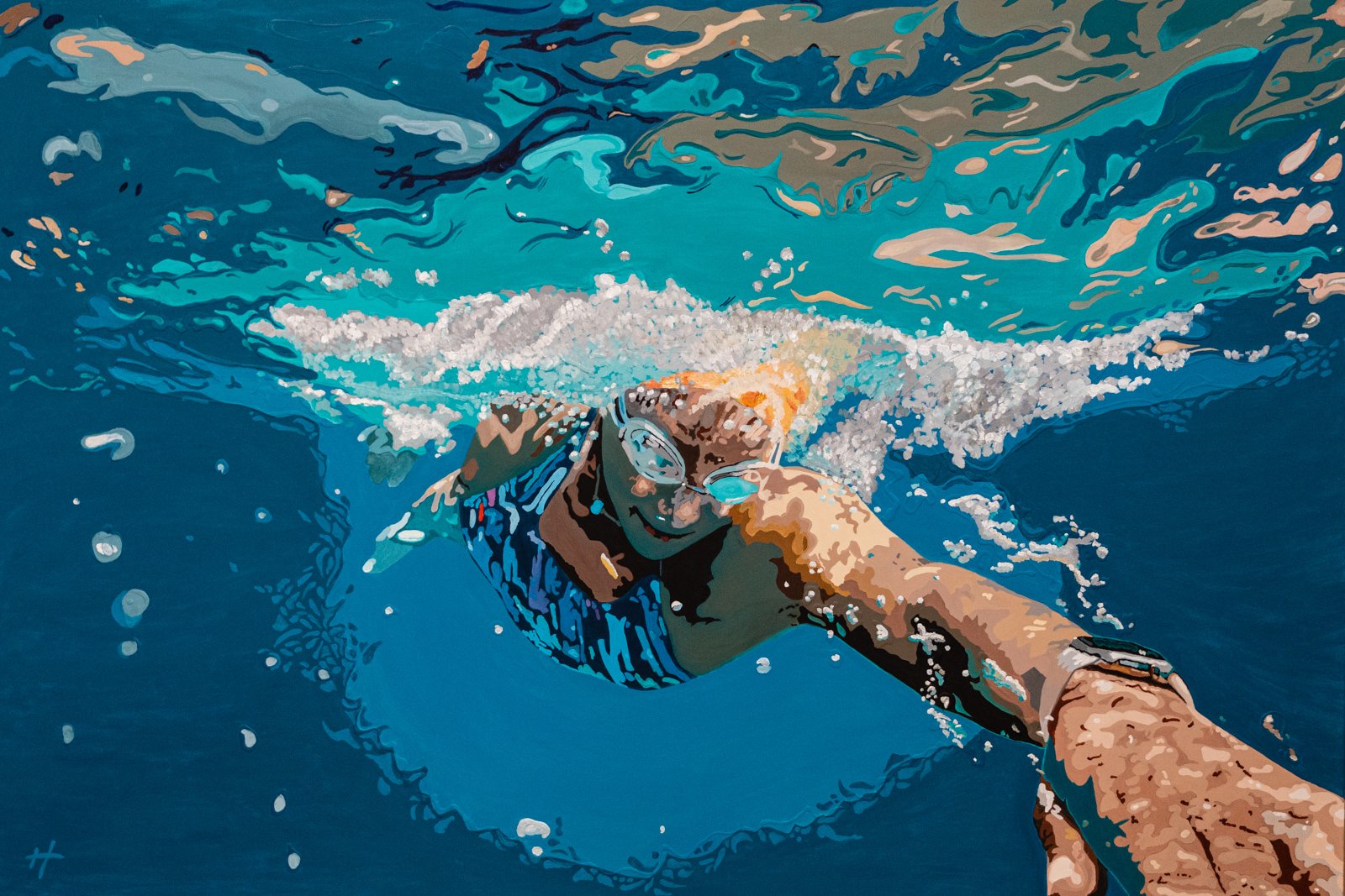 Heather Perry's underwater painting of a swimmer cutting through the water towards the viewer