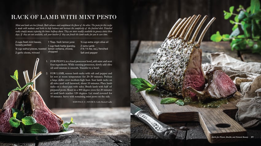 Jena Carlin's photos from the cookbook pages for rack of lamb with mint pesto