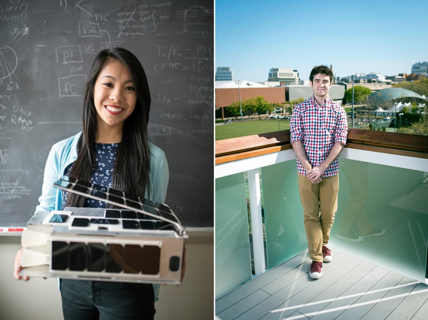 A diptych of two portraits by Ian MacLellan. On the left is a portrait of a woman with long black hair and a blue sweater in front of a chalkboard. On the right is a portrait of a man in a checkered red, white, and blue button-down shirt and khaki pants. He is posed on an outdoor balcony with a sports field in the background.