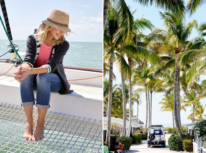 The first photo portrays a person leisurely enjoying a boat ride amidst serene waters and clear skies. The second a picturesque beach road where a car navigates through swaying palm trees. Photo by Jason Innes.