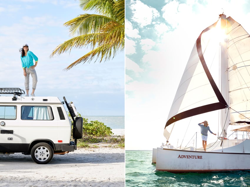 In the first photo, a person is standing on a camper on the beach, and in the second photo, another person is enjoying the view from a boat. Photo by Jason Innes.
