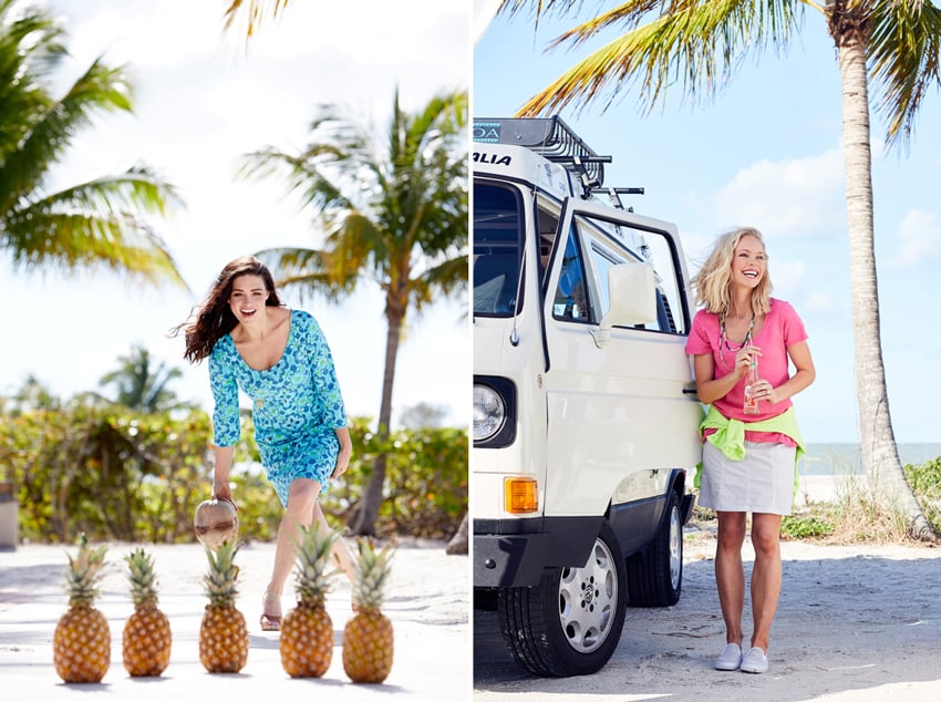 The first photo shows a person joking around in a unique twist on bowling where the pins are whimsically replaced with pineapples. The second photo is a portrait of a woman standing next to her camper.