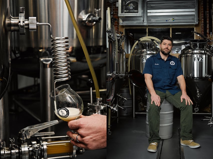 Two of Doug Levy's photos, L showing a beer being poured for testing and R showing Justin sitting near the brew tanks