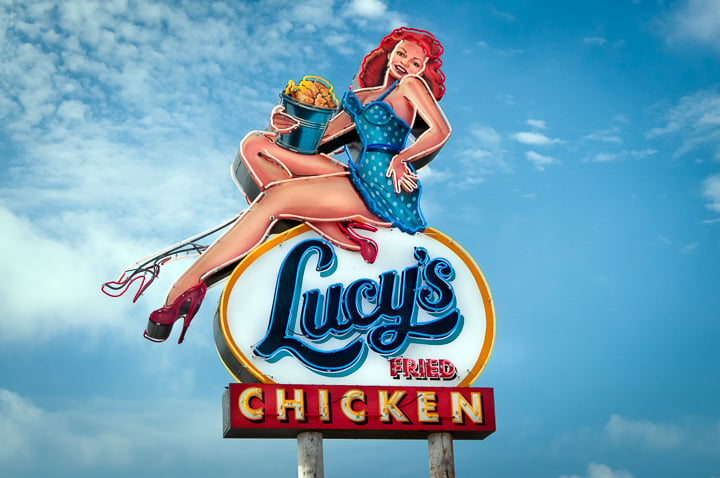 A photo of Lucy's Fried Chicken restaurant sign. Photo by John Davidson.