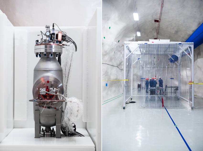 A diptych of photographer Luther Caverly's images taken for Carleton University of SNOLAB. On the left is a shot of a complicated-looking metal piece of equipment, and on the right is a shot from the bright white lab featuring a group of people in blue work suits with hardhats convening.
