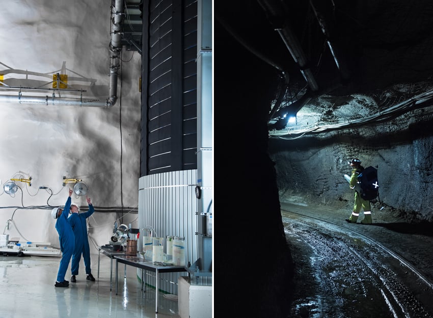 A diptych of photographer Luther Caverly's images taken for Carleton University of SNOLAB. On the left, two workers in blue coveralls and hardhats standing in a lab point upwards. On the right is an image of a person in reflective clothing carrying a large backpack in a poorly lit underground tunnel. The tunnel is wet and there are bundles of cords along the ceiling.