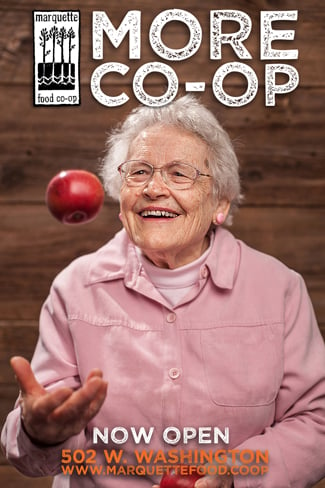 Marquette Co-Op promo featuring Josh LeClair photo of an older woman with an apple