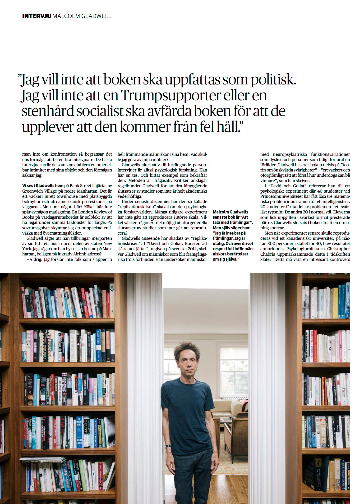 Tear sheet of Malcolm Gladwell standing in a doorway of his office.