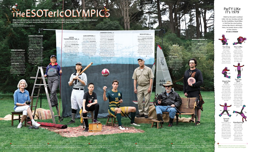 A tear sheet for San Francisco Magazine by photographer Margo Moritz. The tear sheet features a campy posed portrait of eight people who each represent a different sport. The sports represented include bocce, ultimate frisbee, fly fishing, sailing, among others. The subjects are outdoors on grass and are either sitting or standing. They are organized more or less in a line in front of a backdrop.