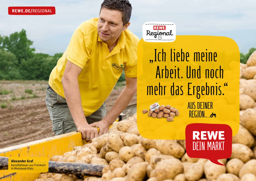 Markus Altmann's photo for a Rewe ad campaign featuring a man in a yellow collared shirt leaning over a truck bed full of potatoes.