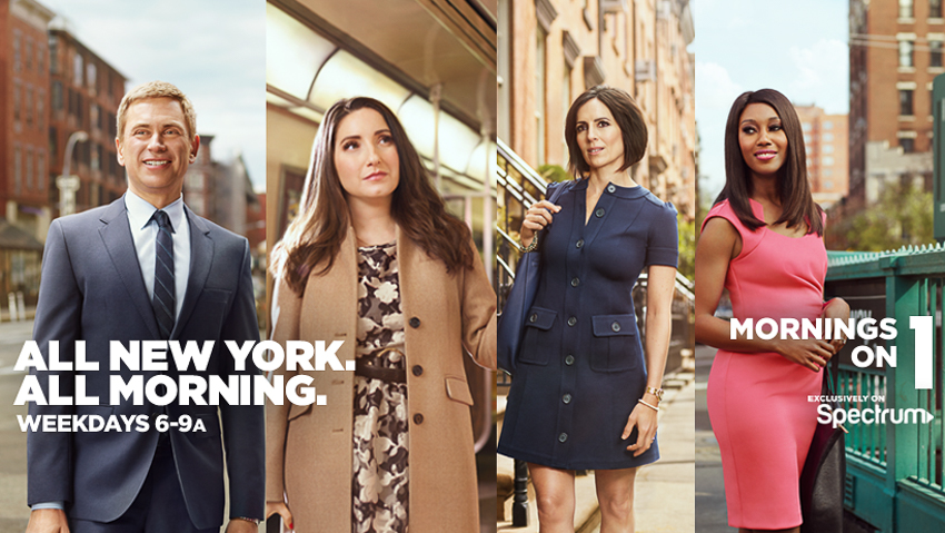 Tear sheet of the Mornings on 1 campaign photographed by Adam Lerner for Spectrum News featuring TV news anchors.