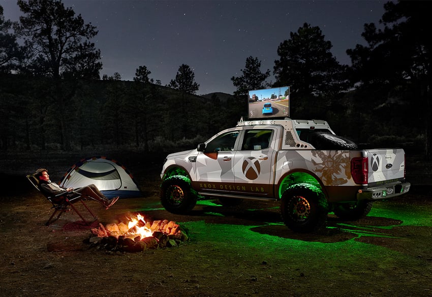 Nighttime campsite with Ford Truck in an XBox skin shot by Nick Nacca