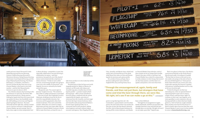 Tear sheets showing Doug Levy's photos of the tasting room's interior and a list of the beers on tap