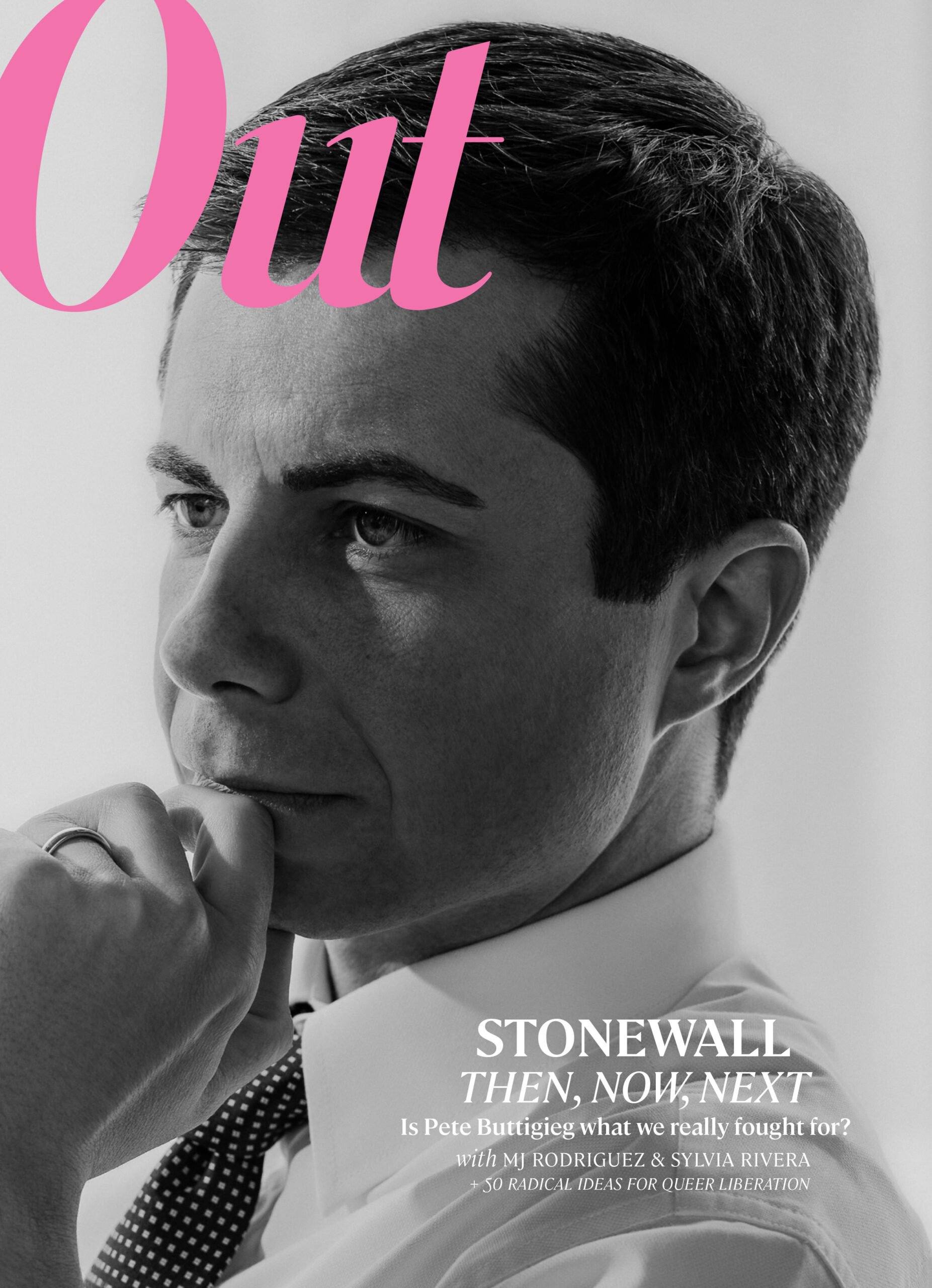 Black and white portrait of Mayor Buttigieg on the cover of Out 