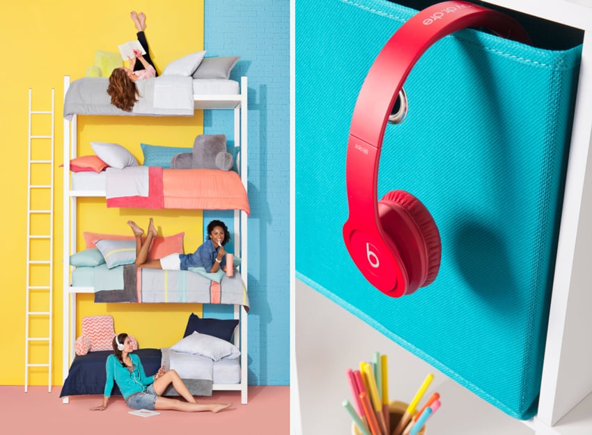 A diptych of photos by Paul Owen for Target. On the left is an image of a four-layer bunk bed with three women lounging on different levels. On the right is a closeup of a pair of red headphones hung over the side of a teal textile storage box with a container of pencils in the foreground.