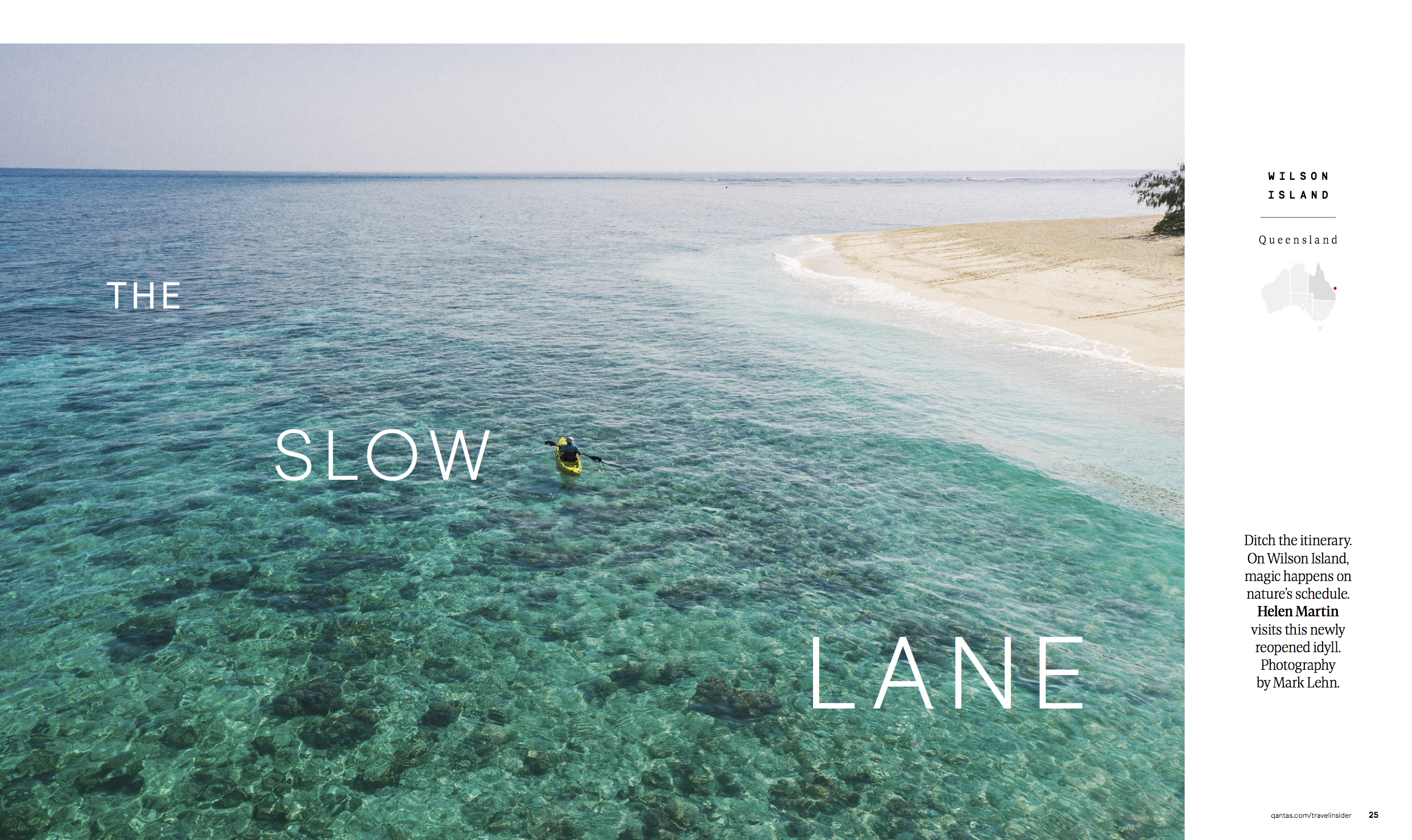 Text "The Slow Lane" is shown over this Mark Lehn shot of a kayaker off the coast of Wilson Island