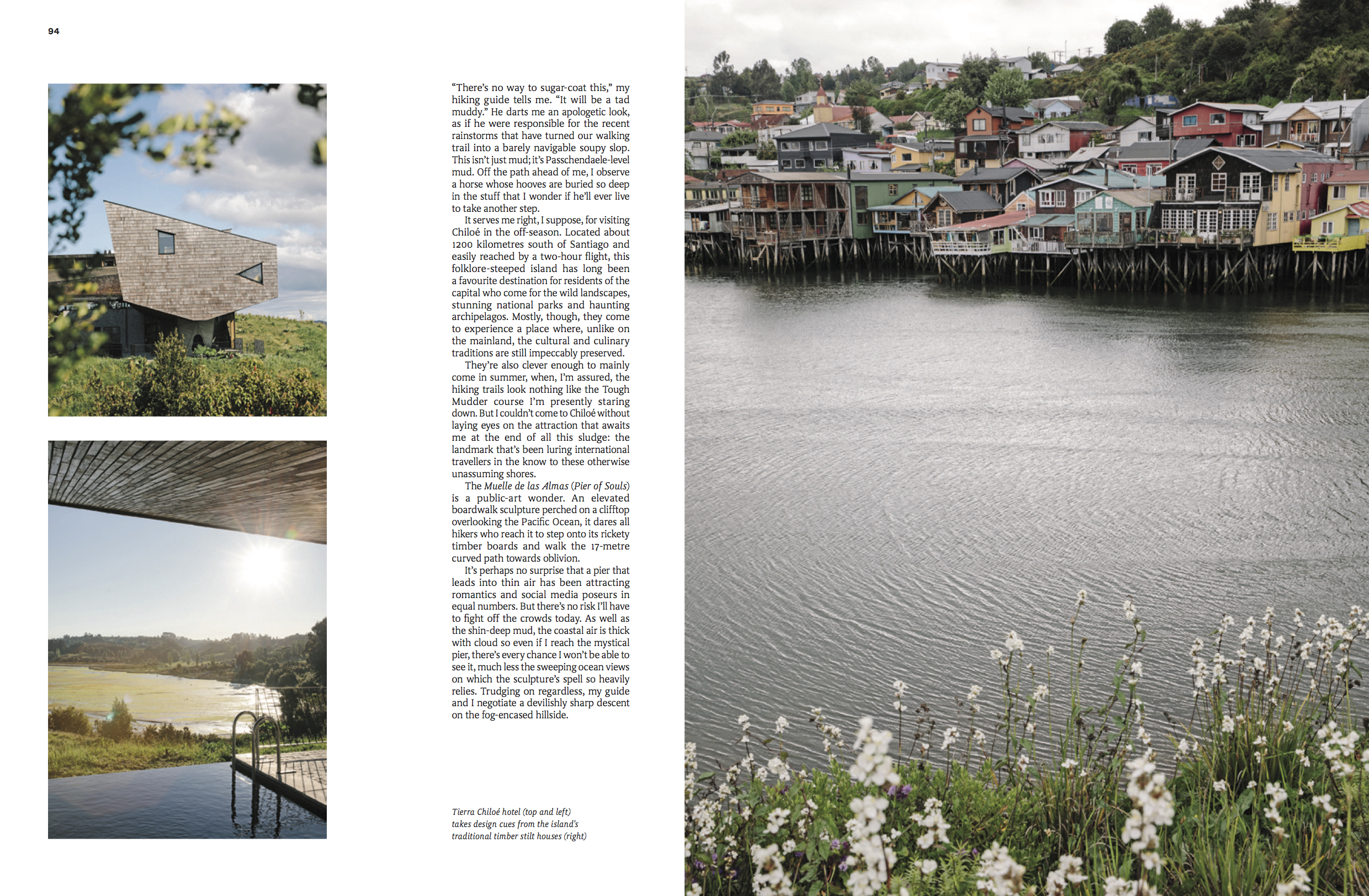 Tear sheet of Natasha Lee's work featuring waterside architecture in Chiloé