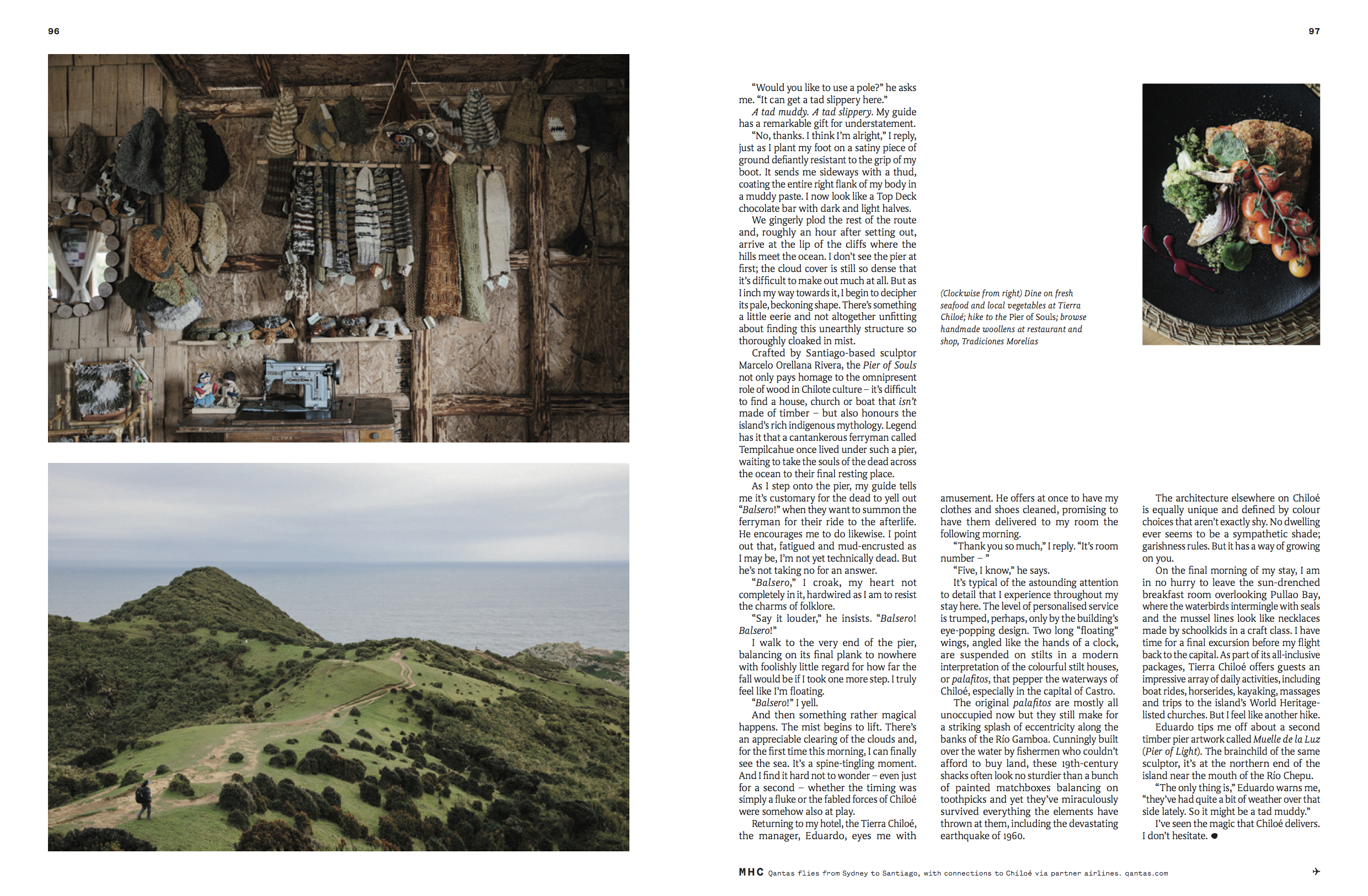 Tear sheet of Natasha Lee's work shows mountains on Chiloé Island, the interior of a local home, and a plate of fresh food