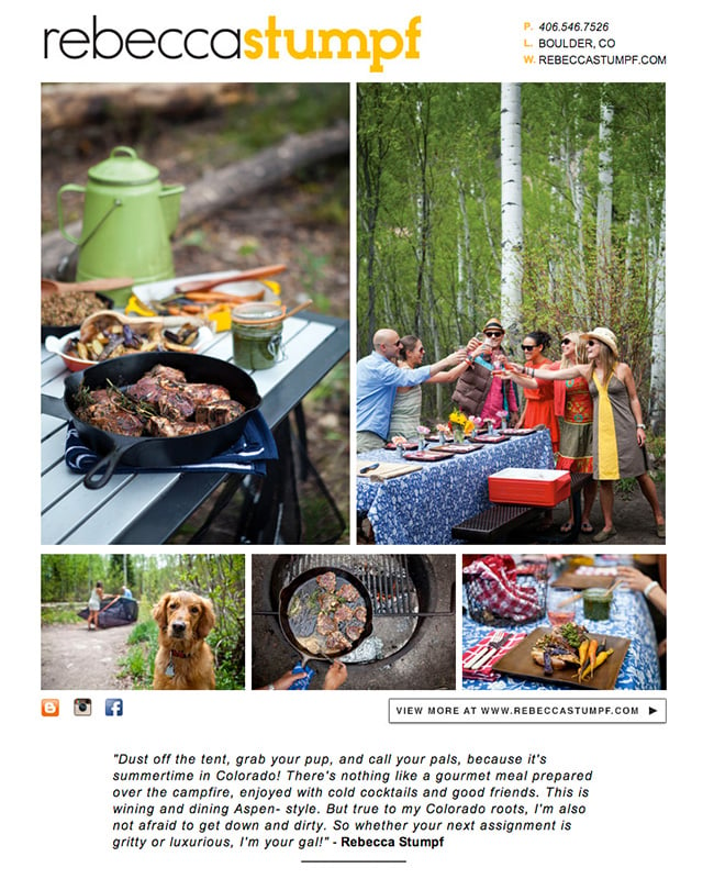 A photographer's emailer template showing images from a campsite, from food to lifestyle photography to an image of a dog. 
