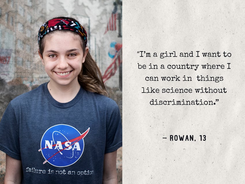 A photo by Natalia Weedy of a girl wearing a NASA t-shirt that says "failure is not an option" underneath the logo.