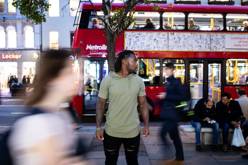 Lavon Coleman on the street in London, photographed by Brett Carlsen for the New York Times