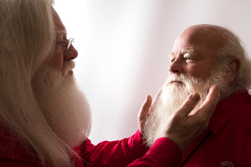 Two Santas at Cherry Hill's annual AARP Santa University shot by photographer Brett Carlsen.