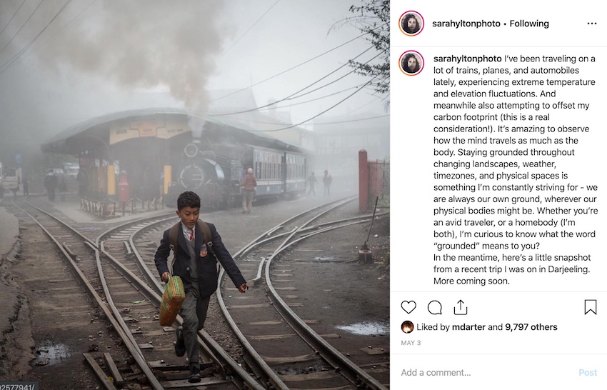 Instagram post of a boy running along train tracks with a discussion-instigating caption.