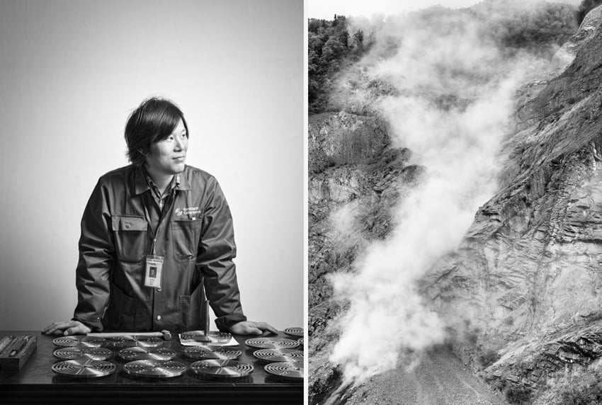 A diptych of photos by photographic duo Scanderbeg Sauer. On the left is a portrait of a man in coveralls and a lanyard with an ID card standing at a table with a series of metal discs on it. On the right is a landscape featuring the side of a mountain with mist pouring down the side.