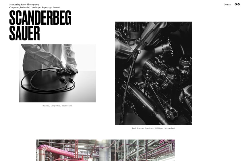 A screenshot of Scanderbeg Sauer's website featuring some examples of their photos with captions underneath.