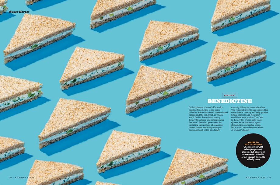 Scott Suchman photographs triangle sandwiches on blue backdrop in American Way