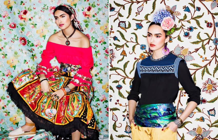 A diptych of photos for Splurge OKC by photographer Shevaun Williams featuring a model that looks like Frida Kahlo. In both photos, the model is posed in front of interesting printed backdrops. On the left, the model wears a brightly colored outfit reminiscent of Mexican folk dress. On the right, the model wear a top and pants with a scarf tied around her waist.