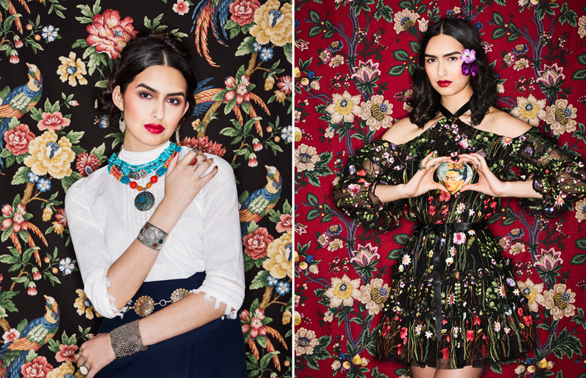A diptych of photos for Splurge OKC taken by Shevaun Williams featuring a model that looks like Frida Kahlo. 