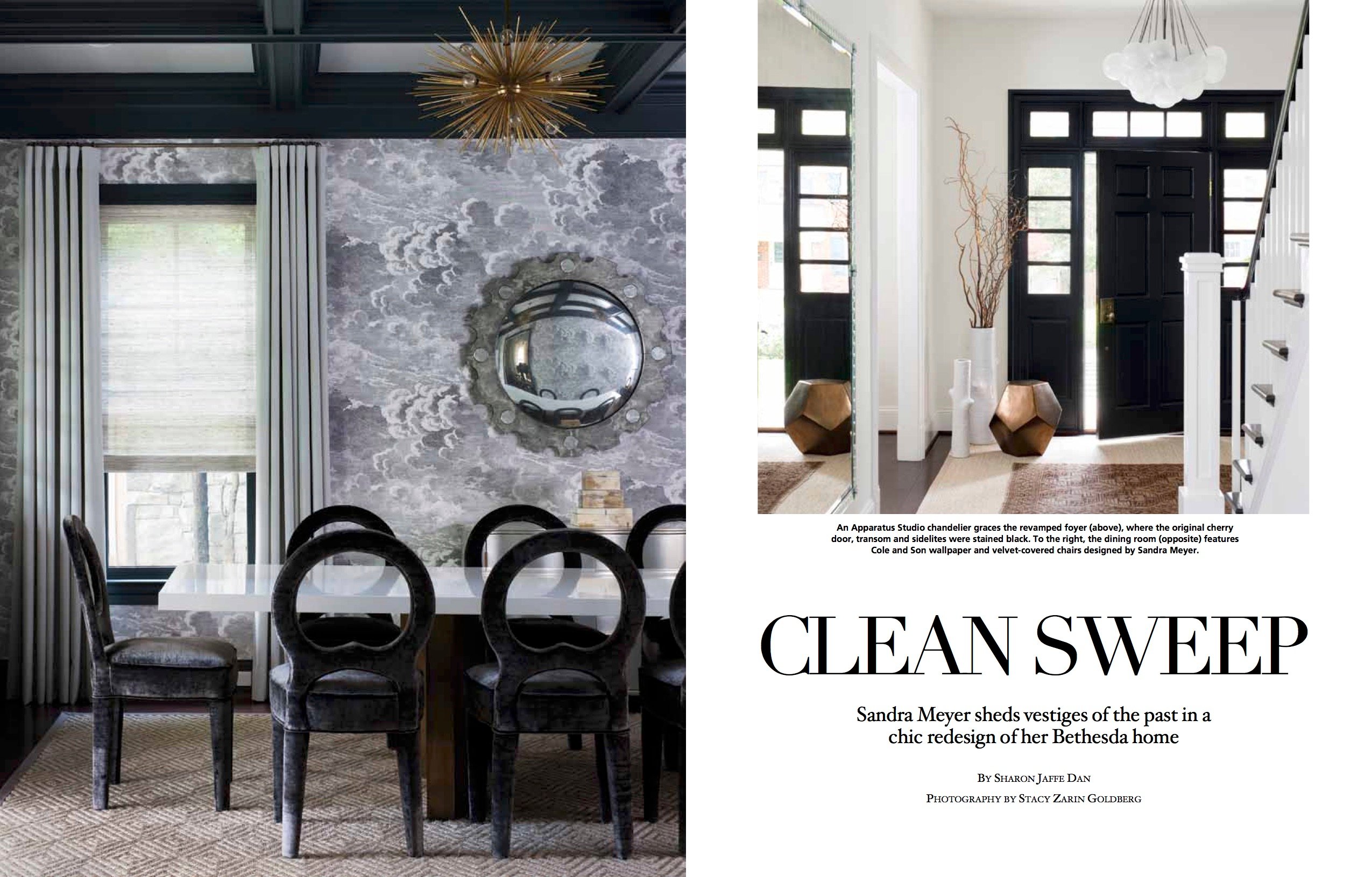 A tear sheet of Home & Design showcasing an elegant dining room and house entrance. Photos by Stacy Zarin Goldberg.