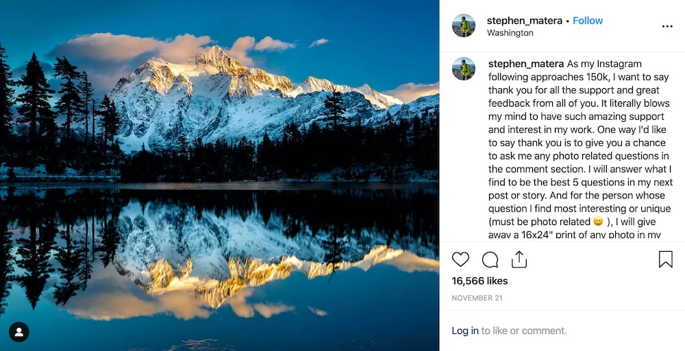 Instagram post from photographer Stephen Matera of mountains in Washington state.